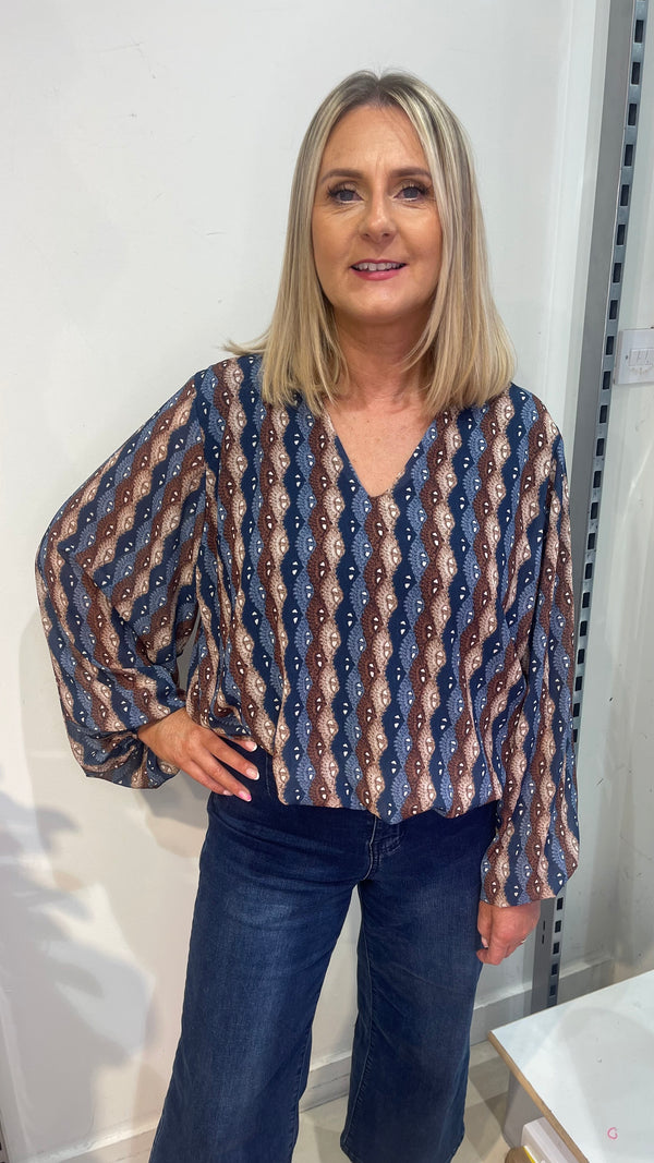 Naomi - Navy/Taupe Print Lined bubble Hem top