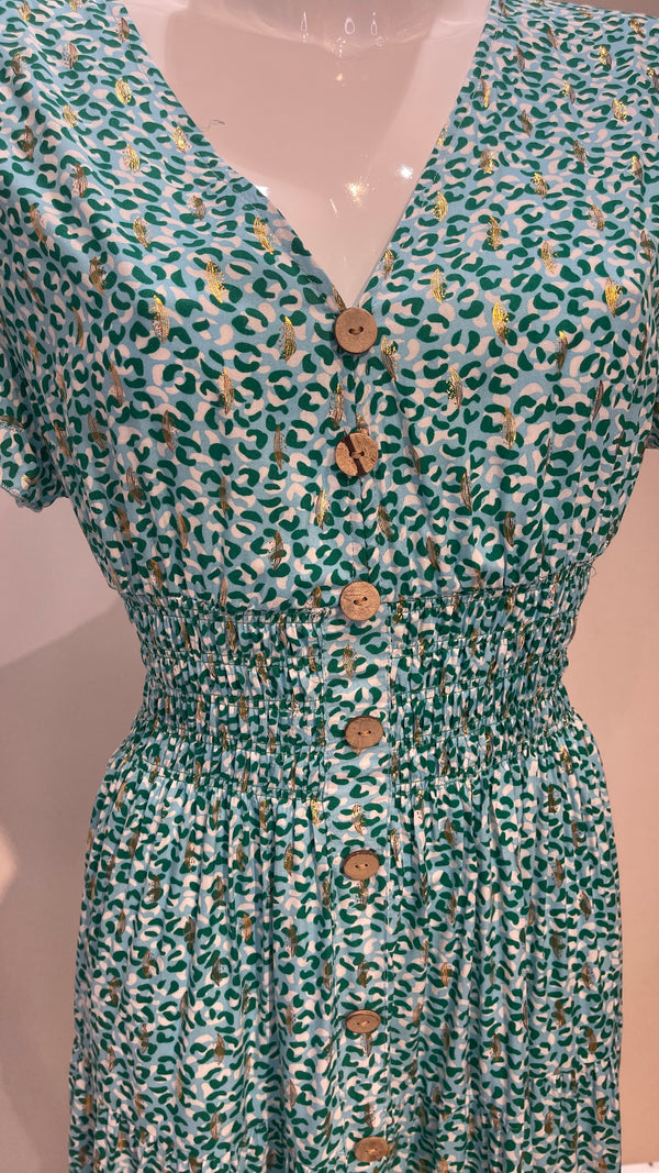Mona - Green/Sky Blue Animal Print V Neck Maxi Dress