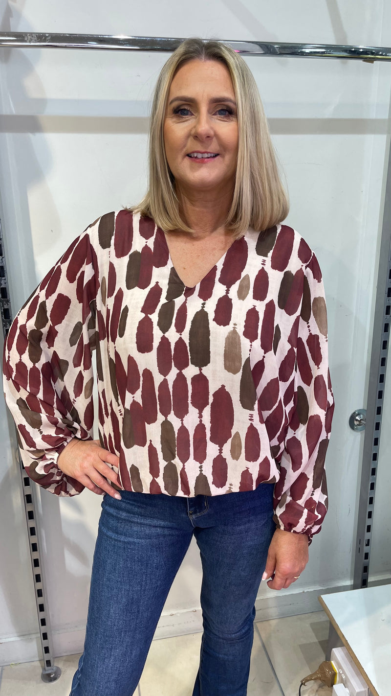 Naomi - Wine/Chocolate Print Lined bubble Hem top