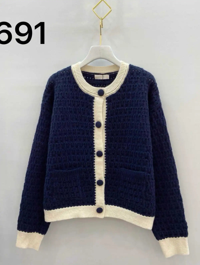 Melissa - Blue/Cream Contrast Knit Cardigan