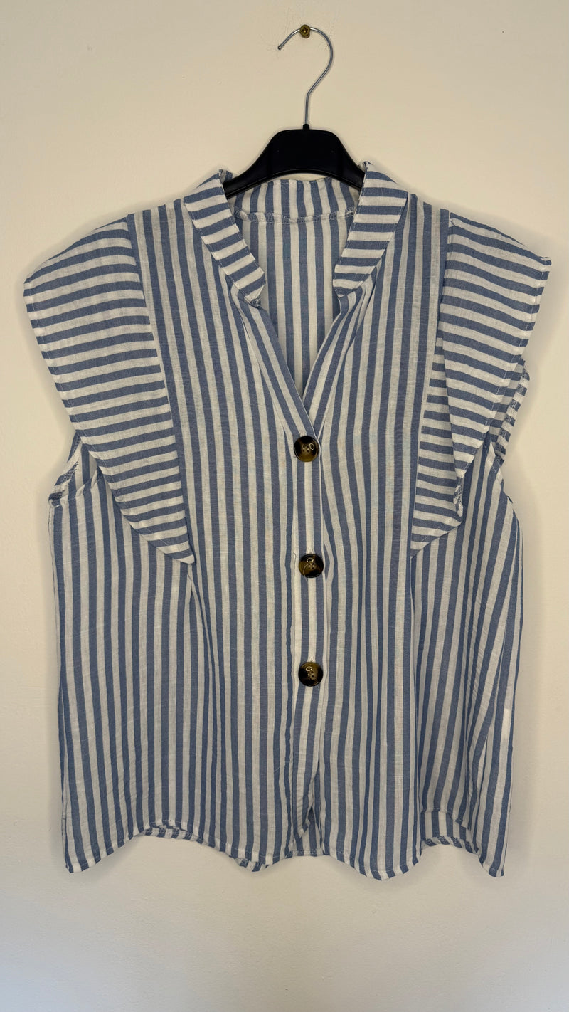 Sandy - Denim Blue Stripe Button Flutter sleeve Top