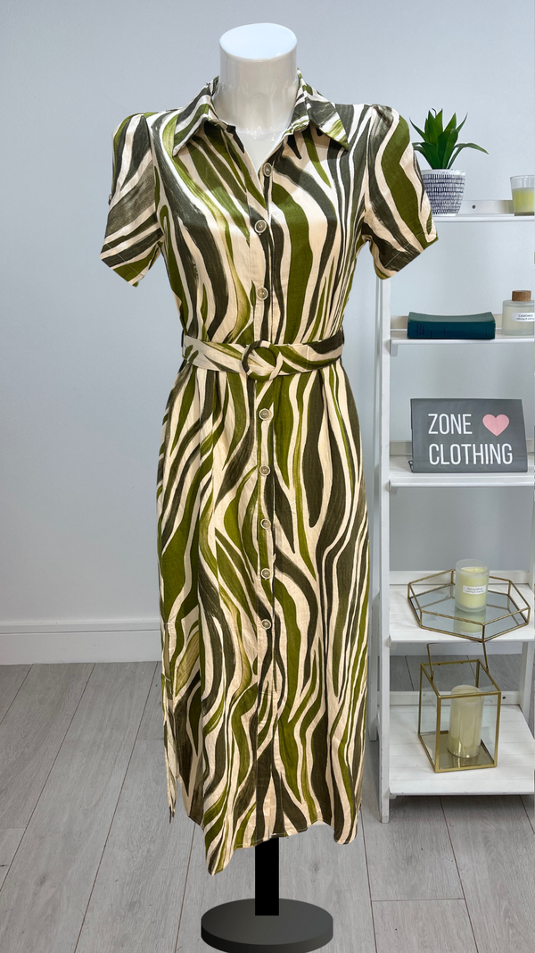 Paris - Khaki/Stone Belted Zebra Print Dress