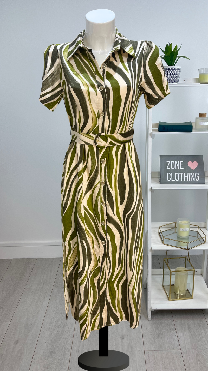 Paris - Khaki/Stone Belted Zebra Print Dress