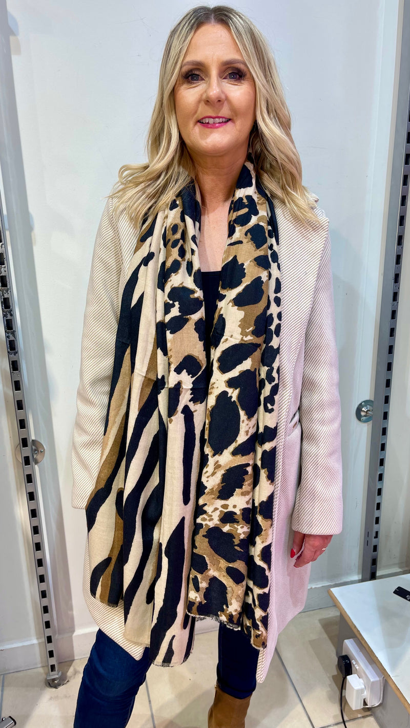 Tommie - Black/Tan Animal Print Winter Scarf