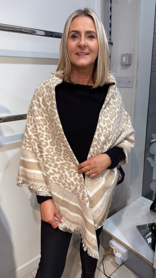 Terry - Beige/Cream Leopard Border Shawl/scarf