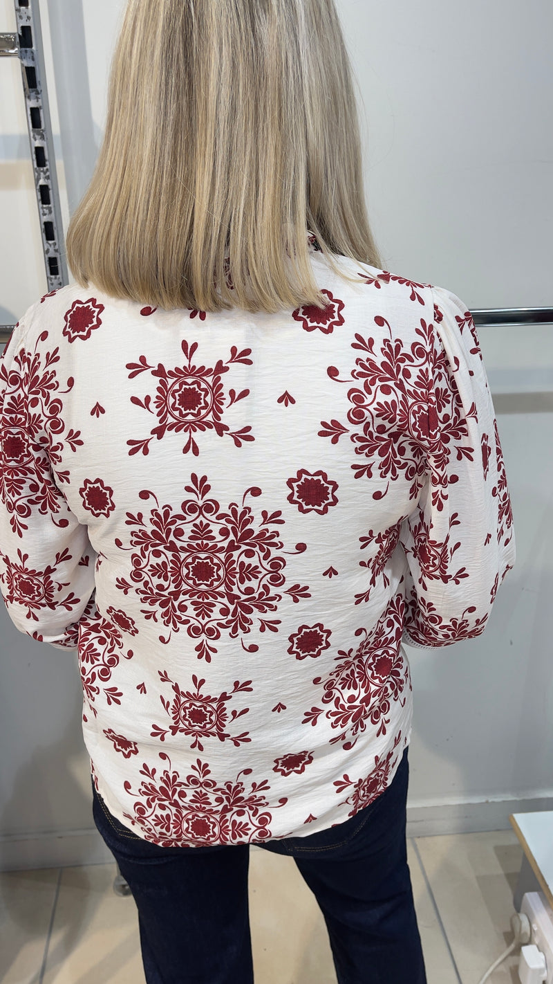 Lauren - Wine/Cream Damask Blouse