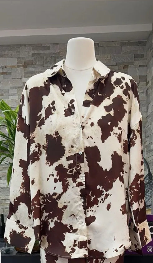 Skye - Brown Cow Print Satin Look Shirt