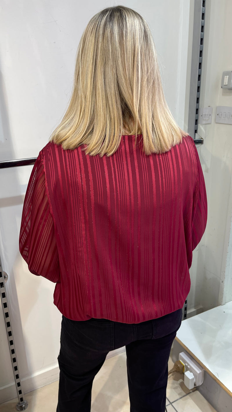 Nellie -  Wine Lurex Thread Stripe Round Neck Blouse