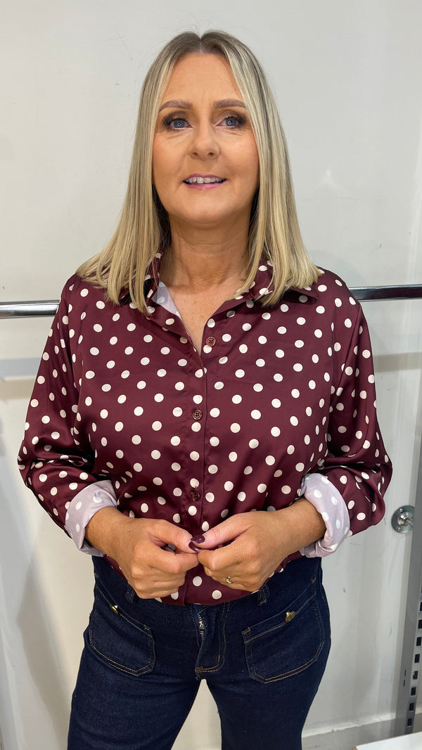 Jill - Wine Polka Dot Satin Look Shirt