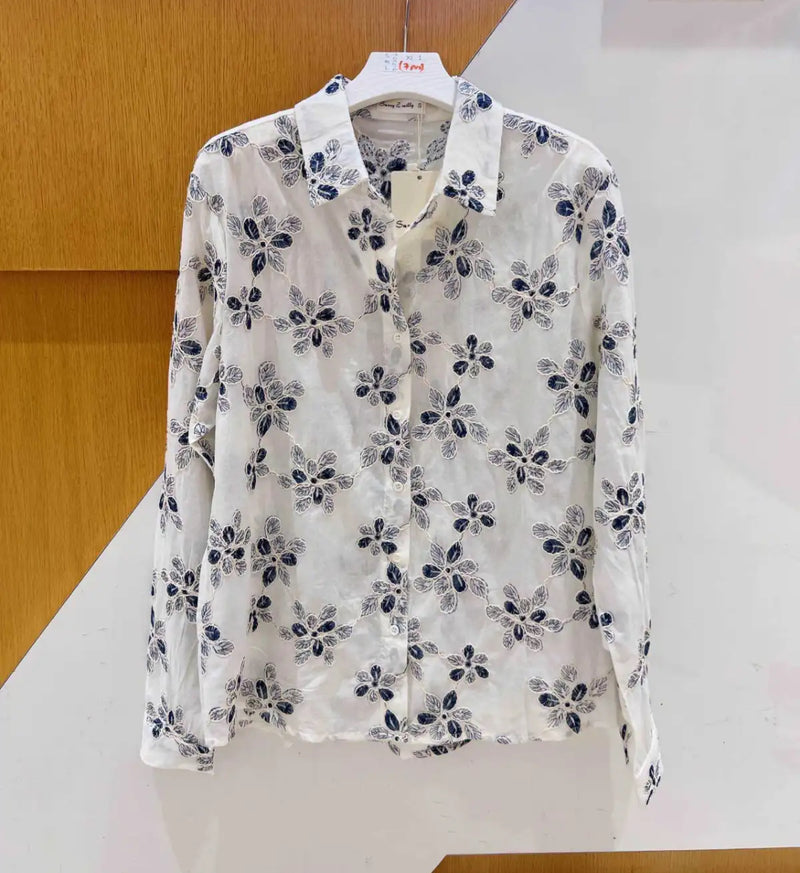 Jodie - White/Navy Embroidery Cotton Shirt