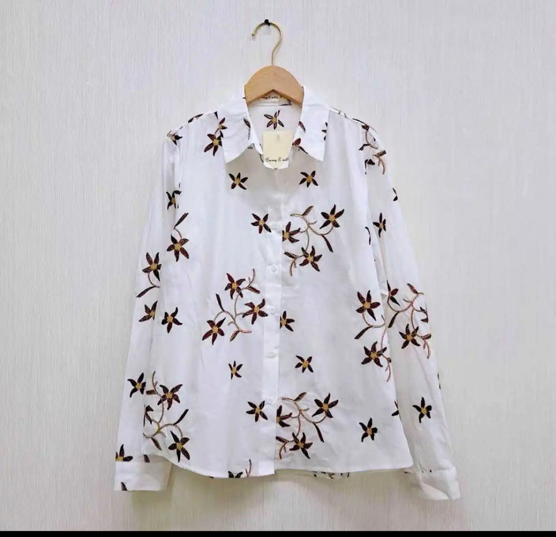 Jamie - White/Chocolate Embroidery Cotton Shirt