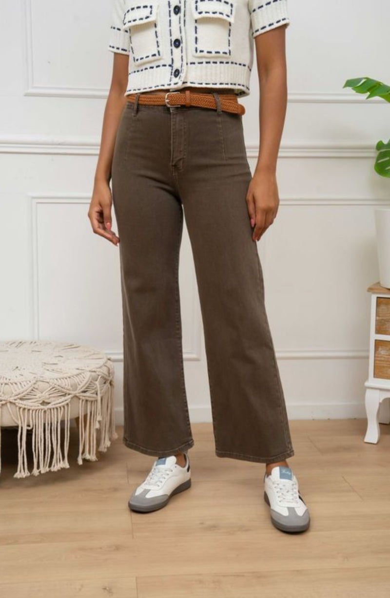 Jake - Mocha Brown Denim Belted Cropped Jeans