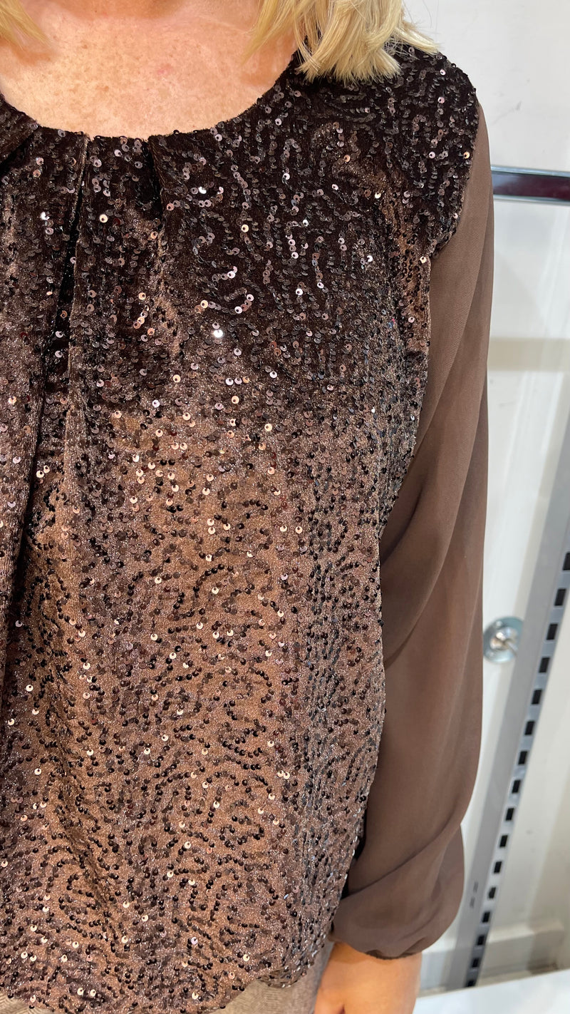 Vicky - Brown Sequin lined bubble hem Top