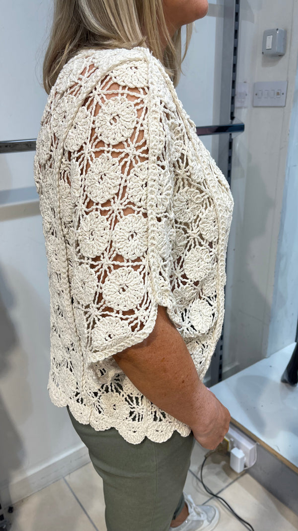 Georgia - Beige Crochet V neck Top