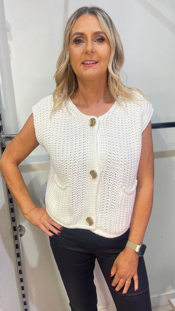 Jenny - Gold Button Cream Cableknit Vest