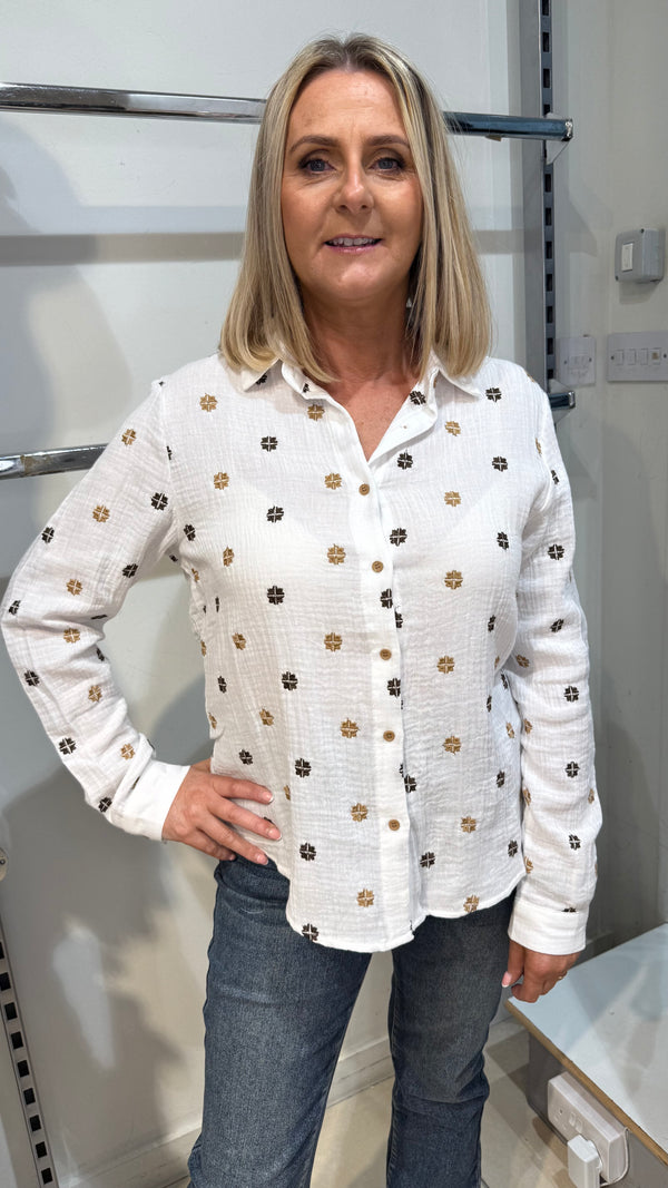 Shannon - White/ Brown Embroidery Top