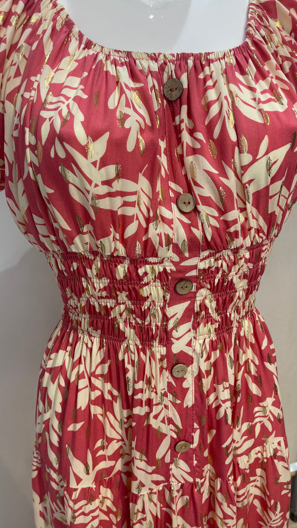 Trudie - Rose Pink /Beige Leaf Print Midi Dress
