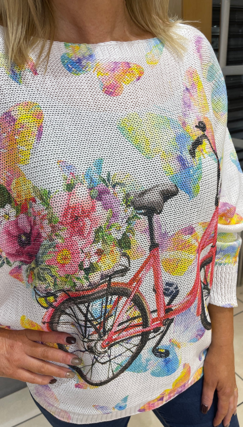 Joey -  Flower Cycle Print Fine Knit Top
