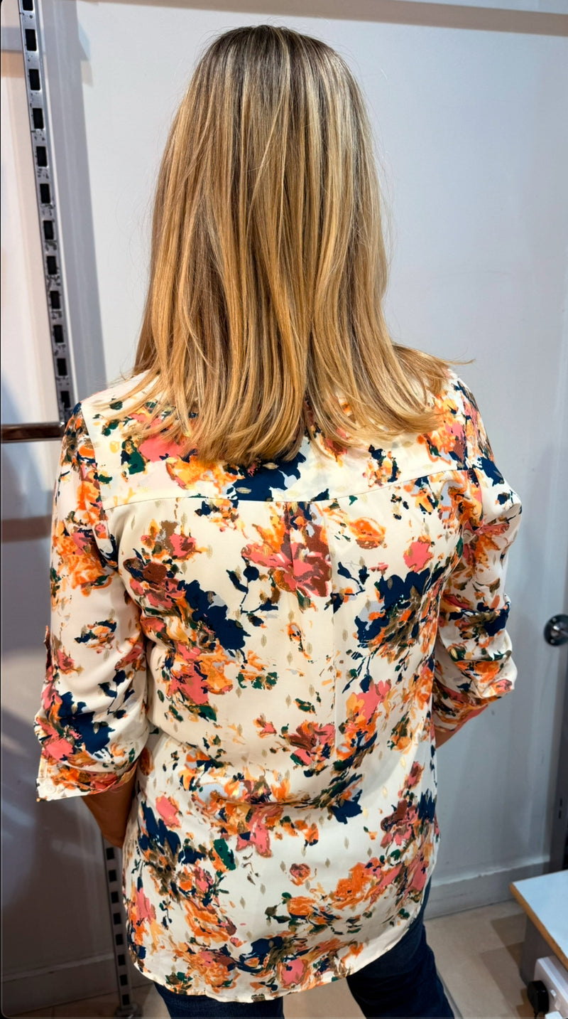 Ivy - Coral/Navy Floral Gold Leaf Detail Button Top