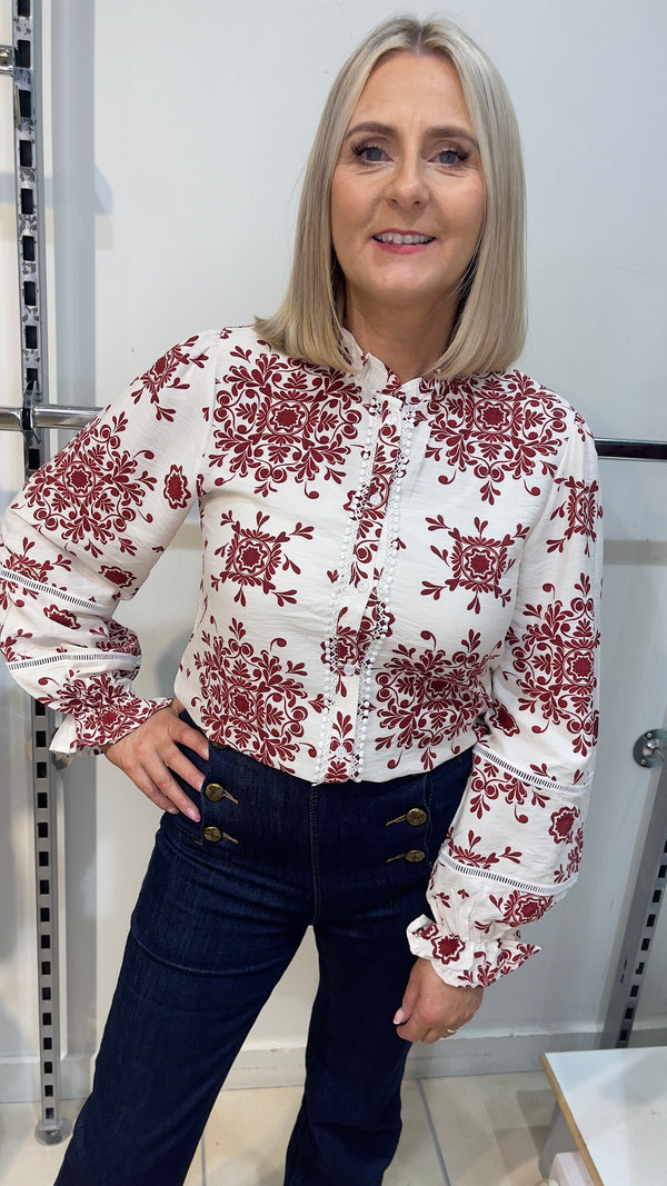 Lauren - Wine/Cream Damask Blouse
