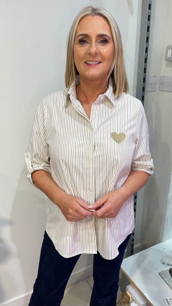 Polly - Camel Stripe Heart Logo Shirt