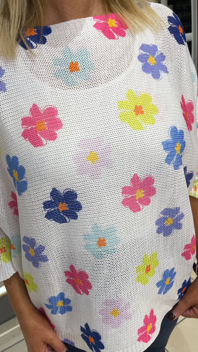 Joey -  Multi Flower Print Fine Knit Top