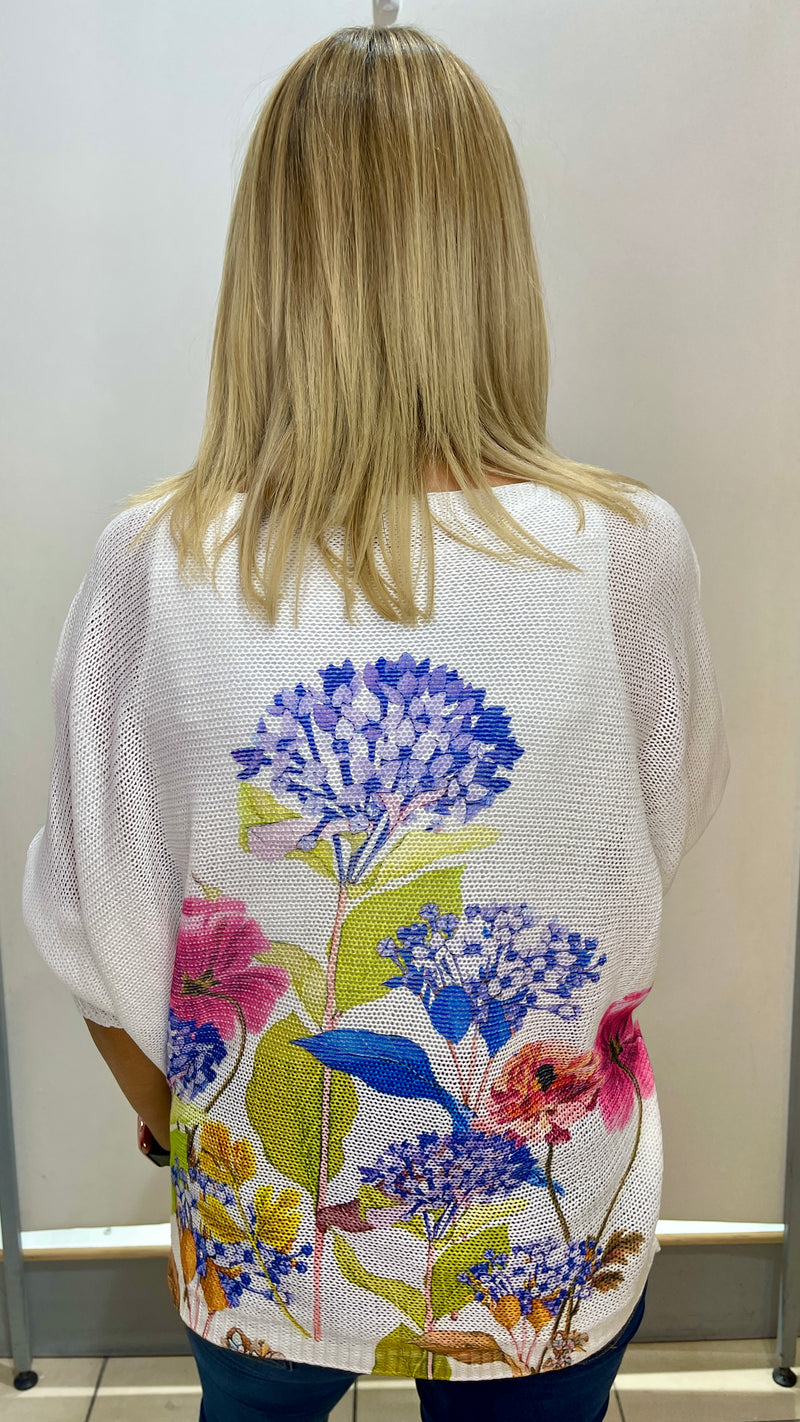 Joey -  White Floral Bouquet Print Fine Knit Top