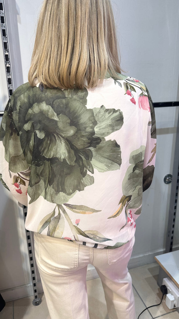 Naomi - Khaki Flower Lined bubble Hem top