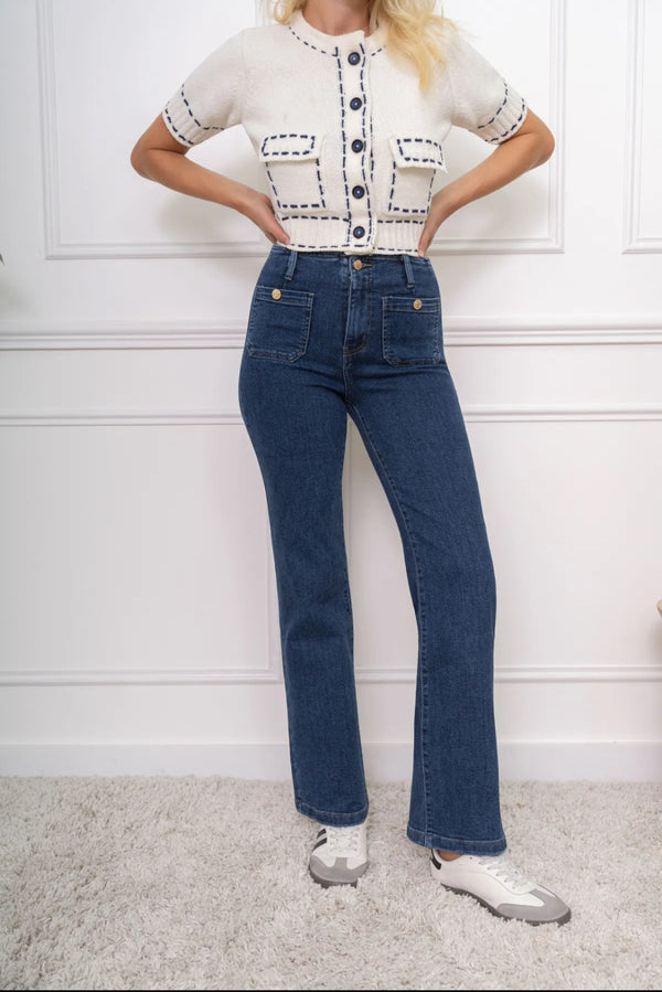 Leo - Denim Blue Stretch Button Pocket Jeans