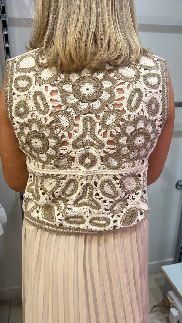 Millie - taupe/cream crochet waistcoat