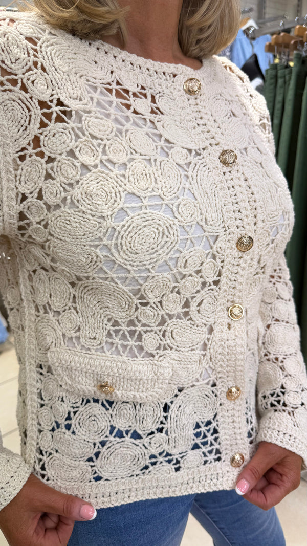 Kayleigh - Beige Crochet Gold Button Cardi