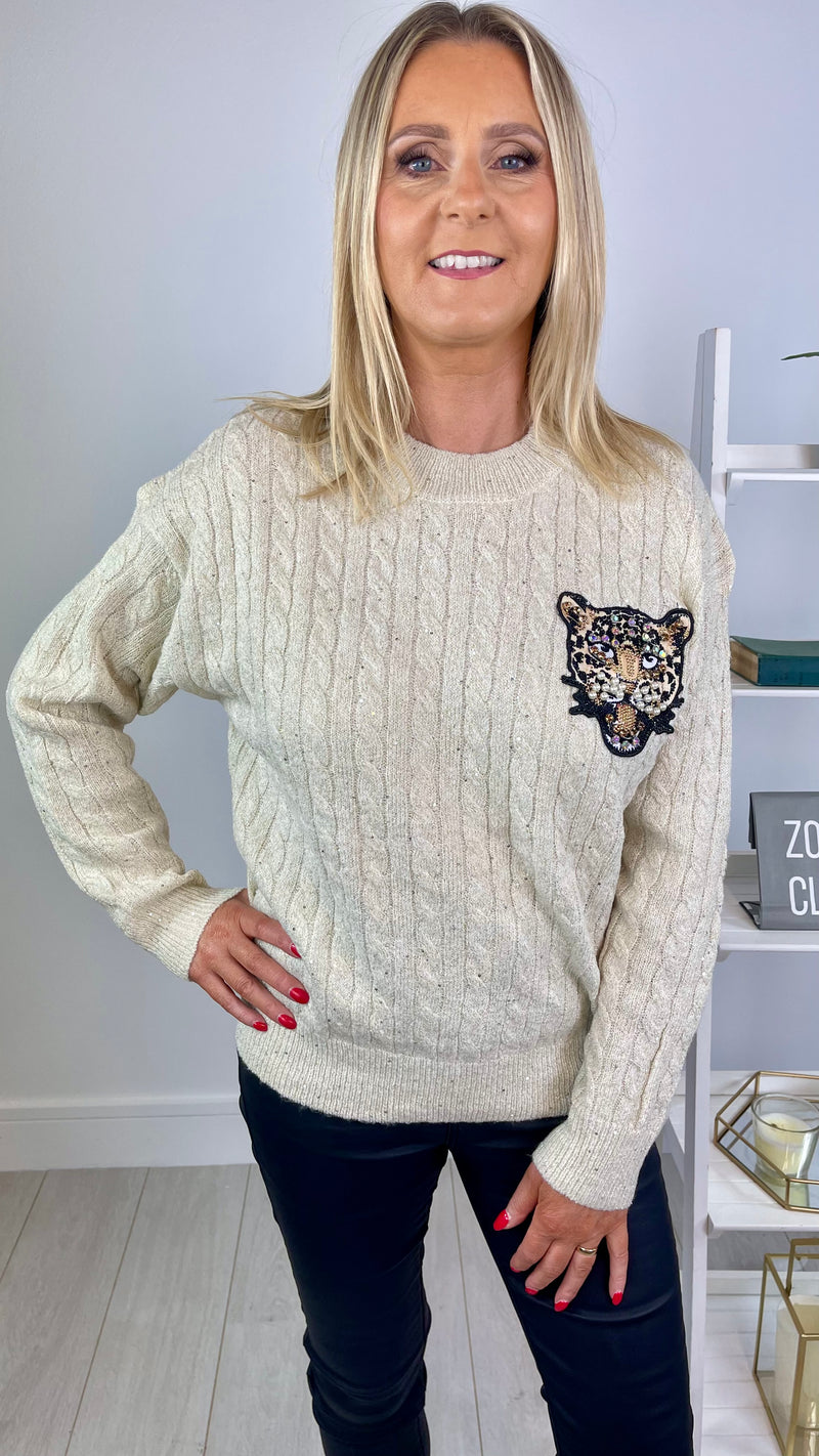 Kenny - Cream Cable Knit Shimmer Tiger Jumper