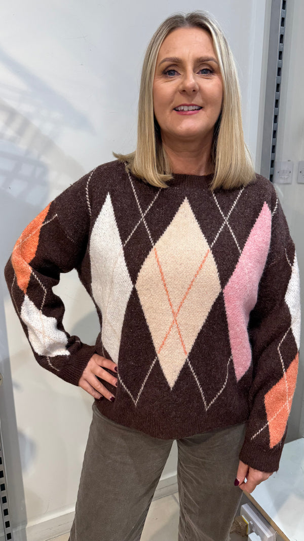 Jessie - Brown Diamond Multi colour Knit