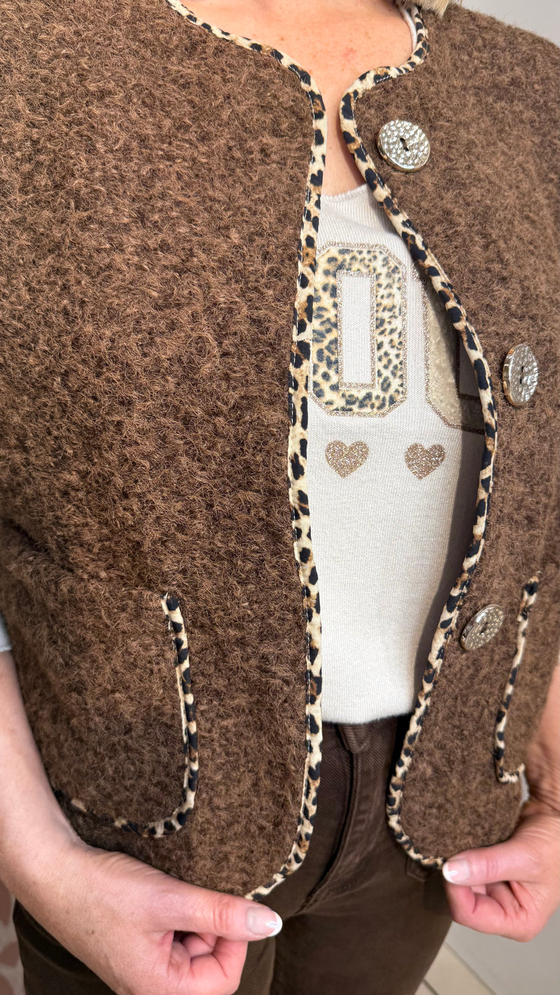 Milan - Brown Fuzzy Leopard Trim Waistcoat