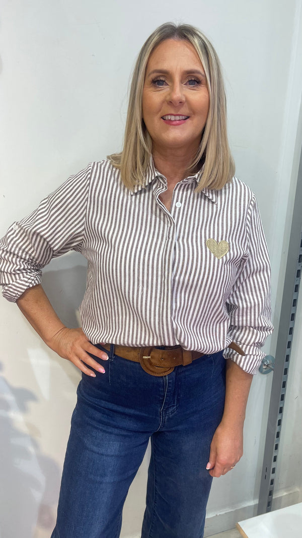 Millie - Coffee Stripe Heart Shirt