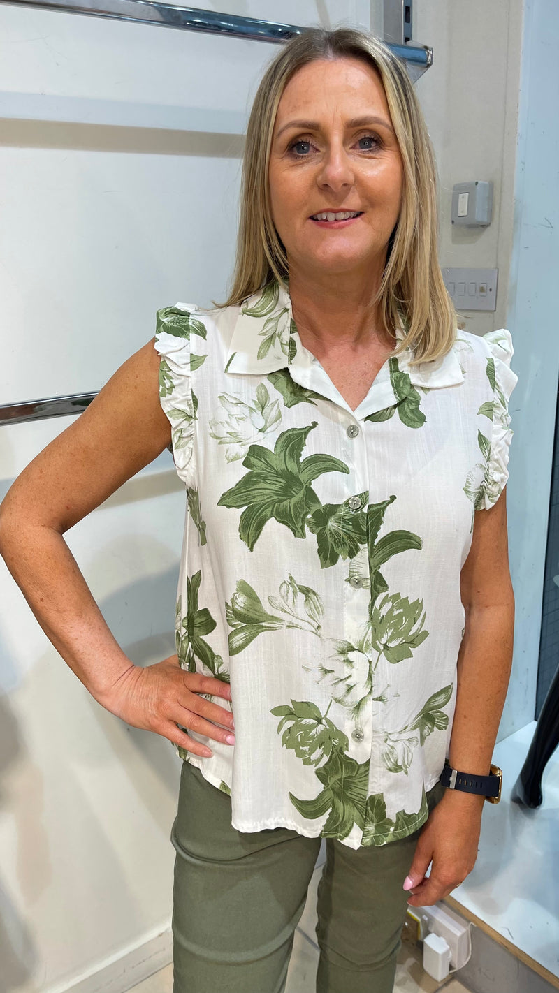 Alva - Khaki  Floral Flutter Sleeve Top