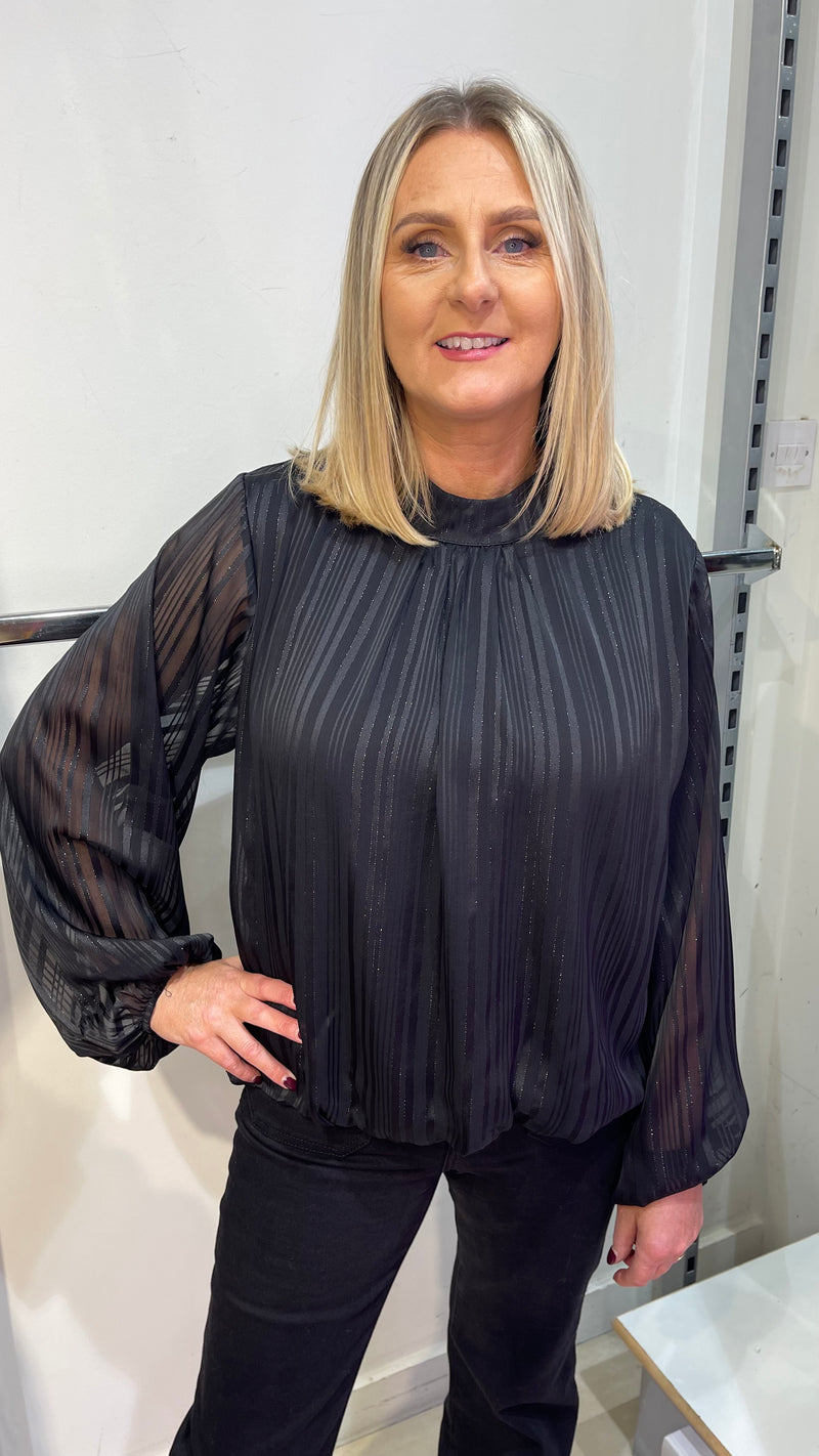 Hollie - Black Lurex Thread Striped High Neck Blouse