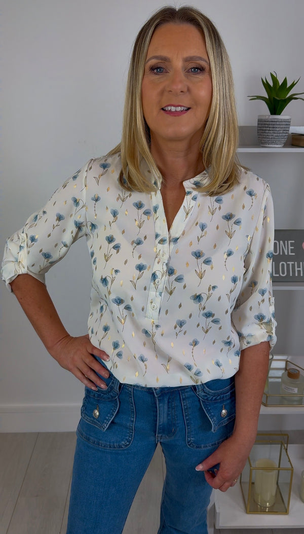 Ivy - Soft Cream/Blue Floral Print Button Neck Top