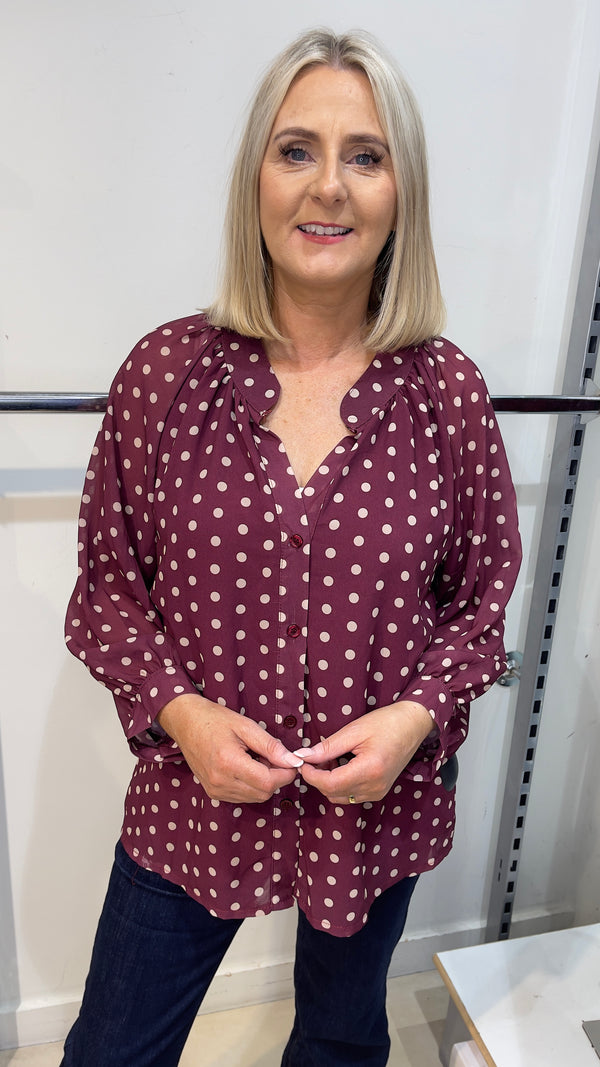 Carmel - Polka Dot Chiffon Cuff Blouse Wine