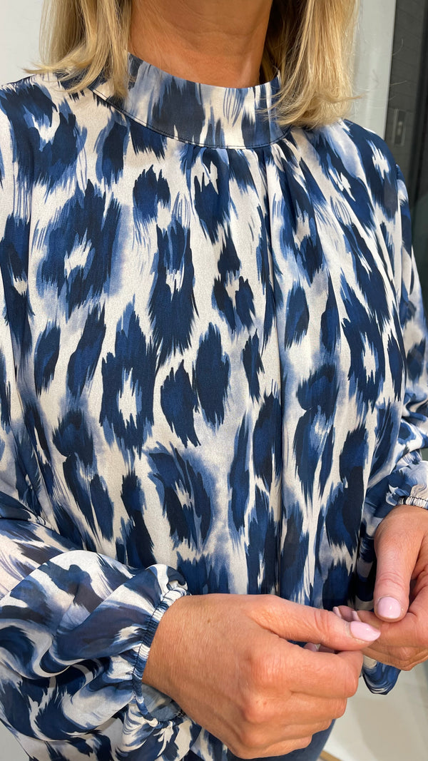 Jodie - Blue/Cream Animal Print High Neck Top