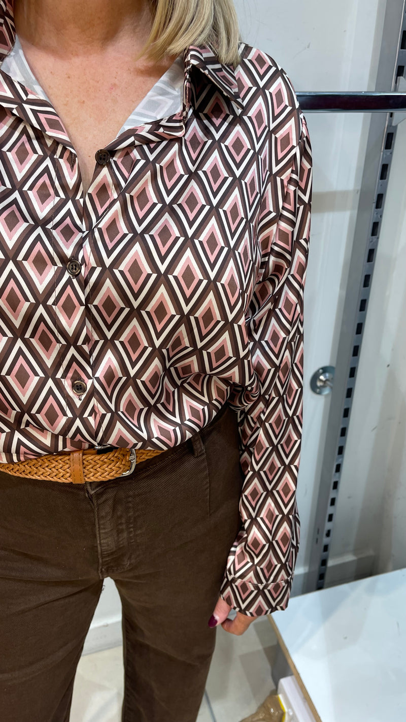 Jill - Diamond Print Brown /Dusky Pink Satin Look Shirt