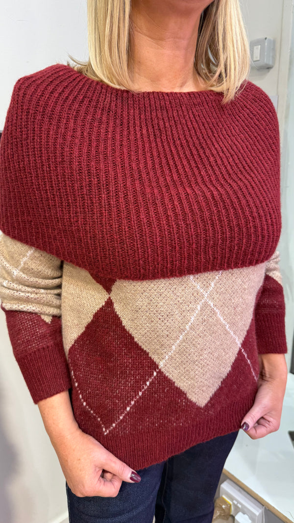 Lisa - Wine/Beige Diamond knit Jumper