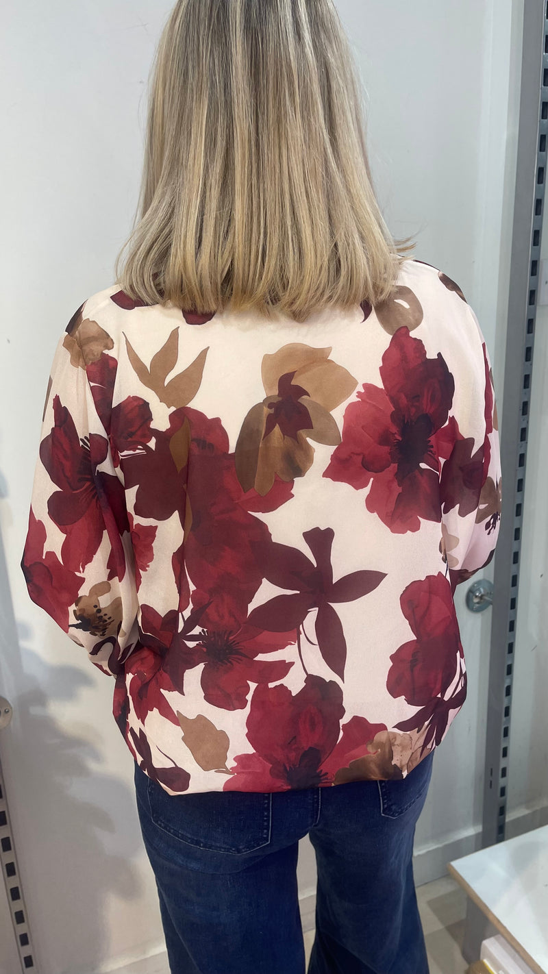 Naomi -  Wine /Cream Floral Lined bubble Hem top