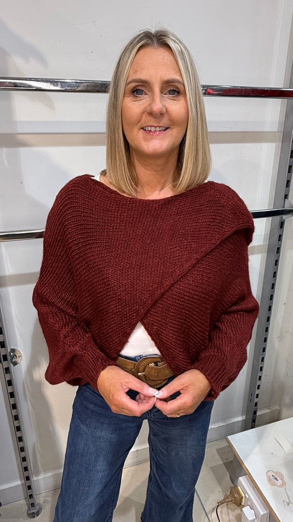 Sonny - Cross Over Knit Jumper Burgundy
