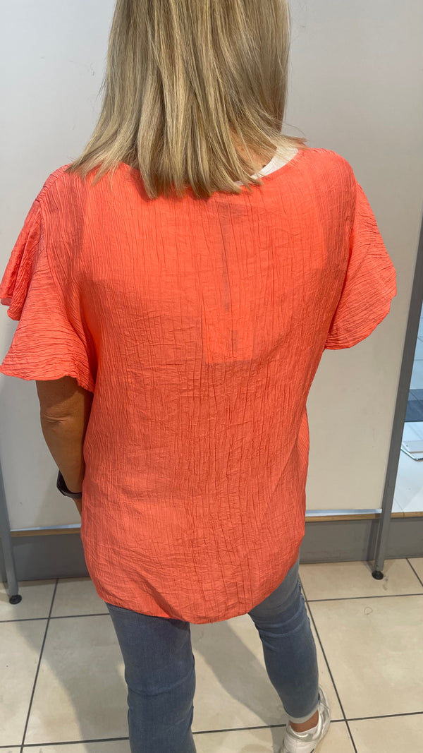 Skye - Crinkle Effect V Neck Blouse Coral