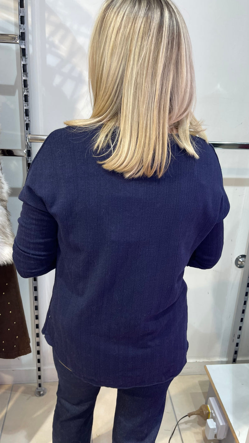 Sue - Navy V Neck Gold Sun Logo Top