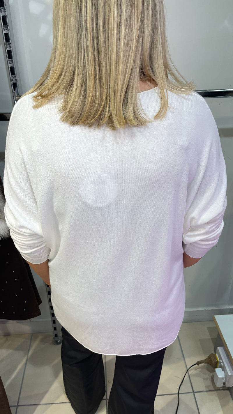 Michelle- Cream Animal Print Stud V Neck  Top