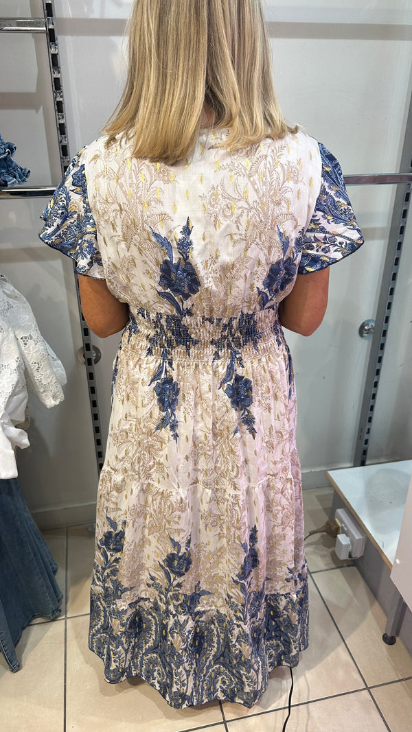 Macy - Blue  Gold Fleck V-Neck Print Maxi