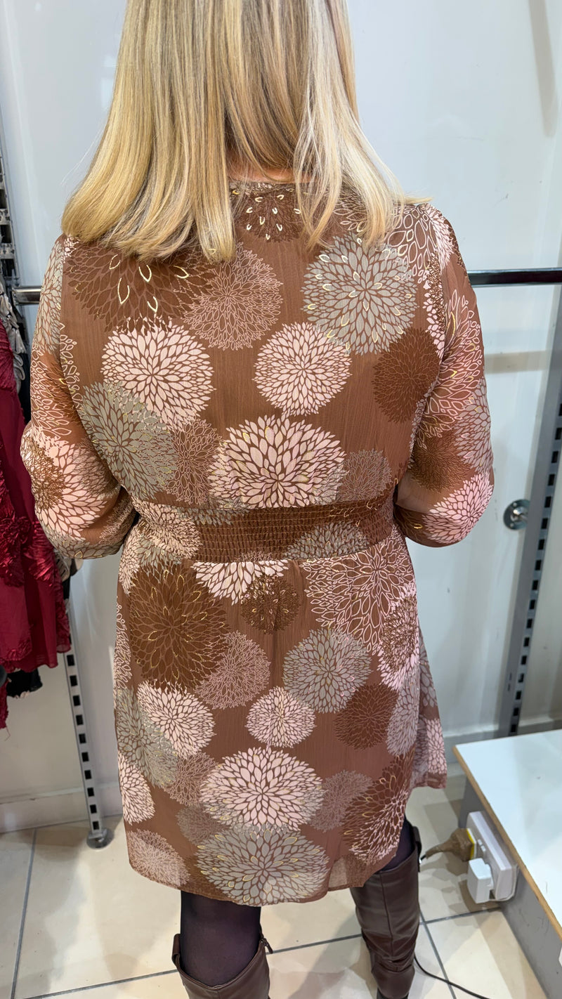 Clara - Brown/Green Print V Neck Dress