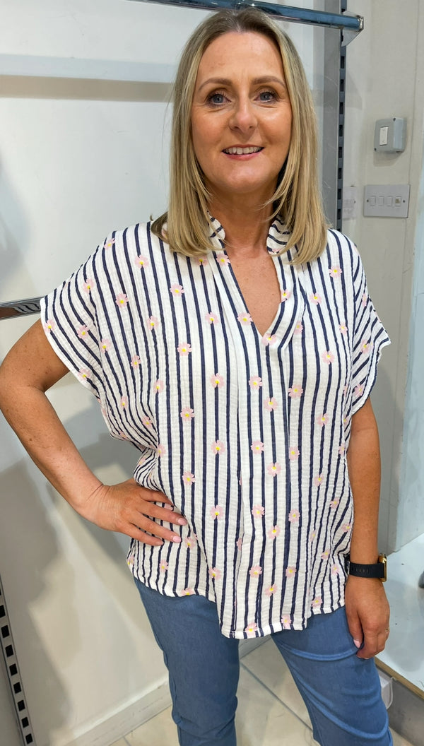 Sally - Navy Stripe Ditsy Flower Top